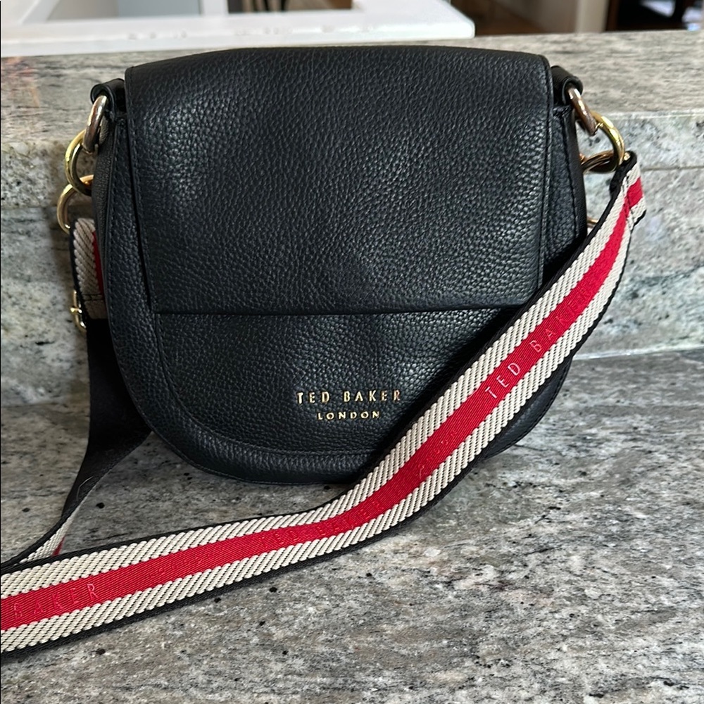 Ted Baker Black Pebbled Leather Crossbody Bag with Striped Strap